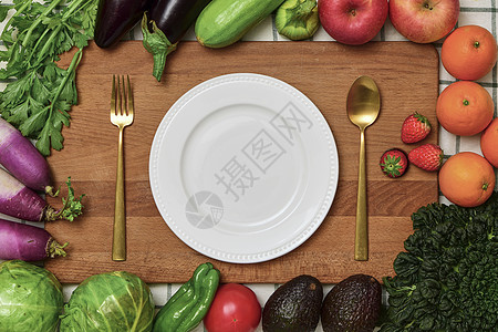 有机人参果蔬菜组合与菜板餐盘素材背景