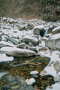 下雪天的山涧小溪背景图片