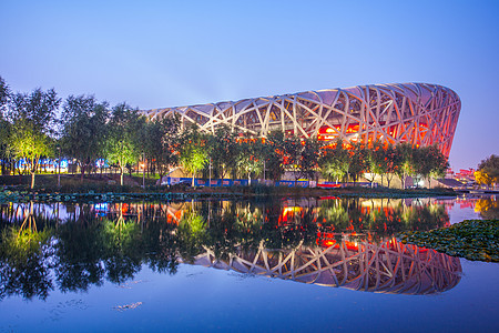 夜景城市北京国家体育场（鸟巢）倒影背景