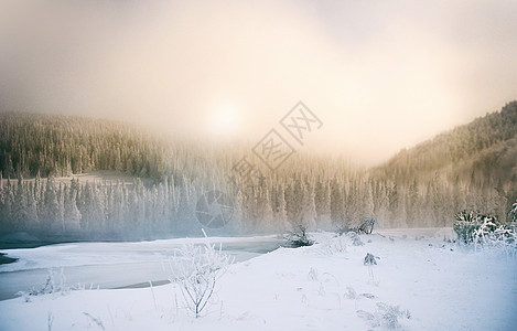 雪插画清晨充满中国风意境的美丽景色背景