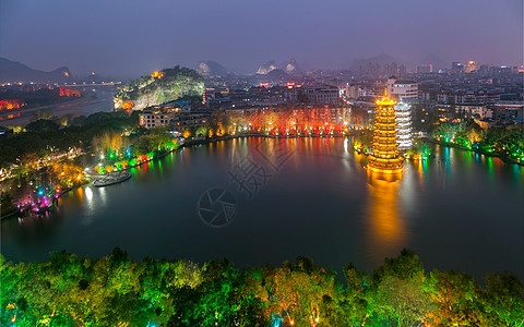 日月双塔两江夜景高清图片