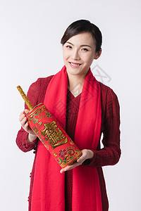 新春汉服美女手拿鞭炮图片素材