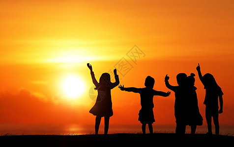 年我们一起走过的童年夕阳下玩耍的小孩剪影设计图片