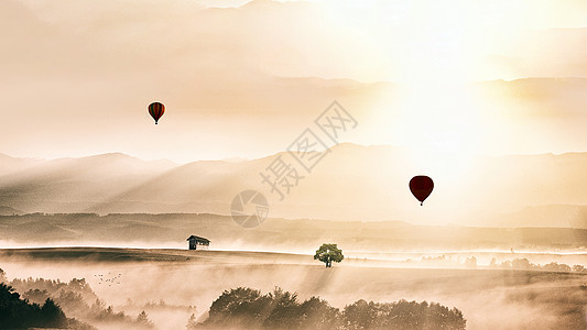 清晨阳光和白雾中的缓缓上升的热气球图片