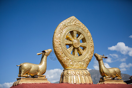 西藏寺庙屋顶上的金色法轮背景图片