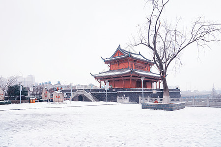 雪中的古城楼图片