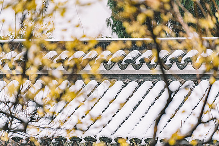 水墨雨中式古典园林中的雪景背景