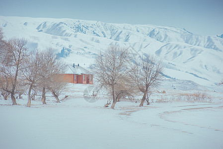 雪山里红房子背景图片