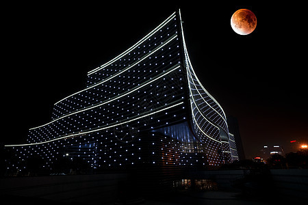 武汉红月全食夜景图片