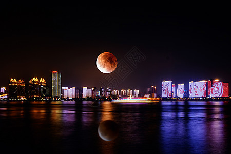 城市建筑武汉红月全食夜景背景