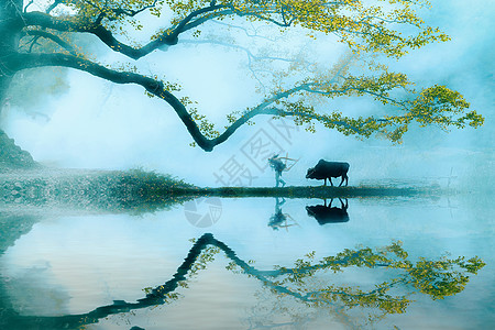 树林插画美丽的江南古镇风光背景