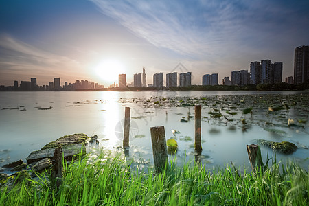 湿地湖泊城市湿地晚霞背景