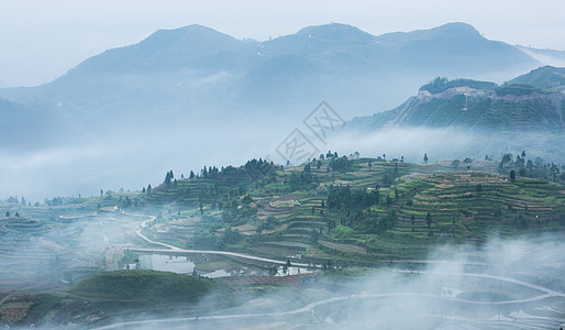 云雾笼罩的山中梯田高清图片