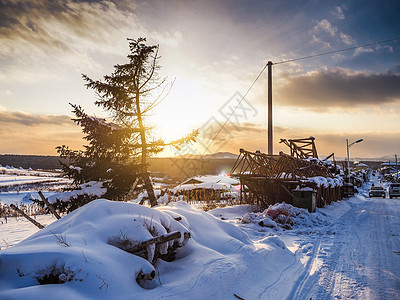 东北日落黄昏雪景图片