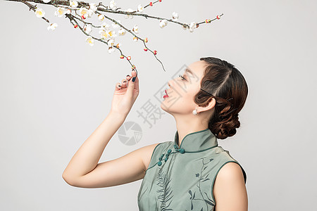 古装艺术照梅花树下的旗袍美女背景