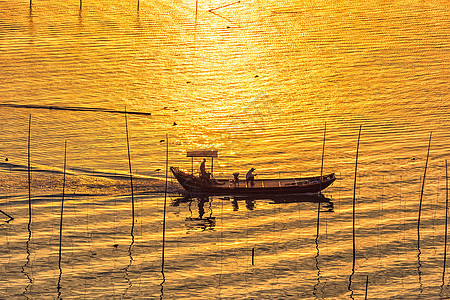 金色阳光下的渔船图片