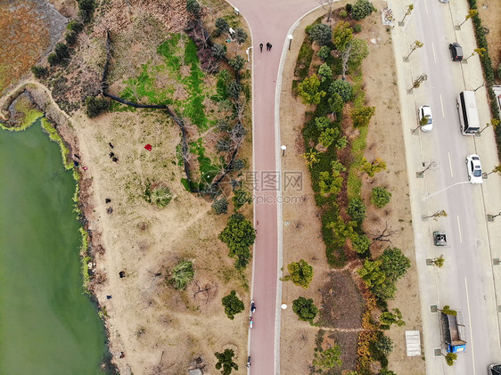 无人机视角俯瞰城市绿道图片