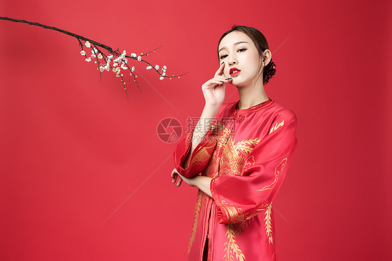 红妆美女与梅花图片