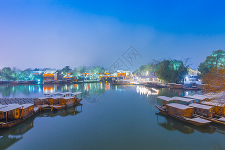 浙江乌镇雪后夜景西栅高清图片素材