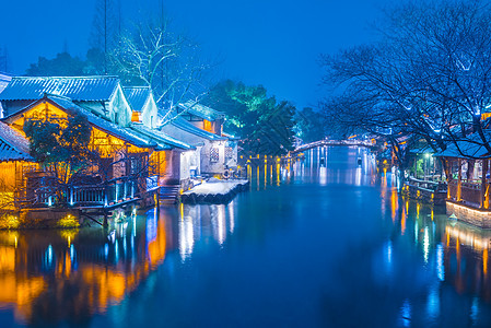 浙江乌镇雪后夜景5A景区高清图片素材