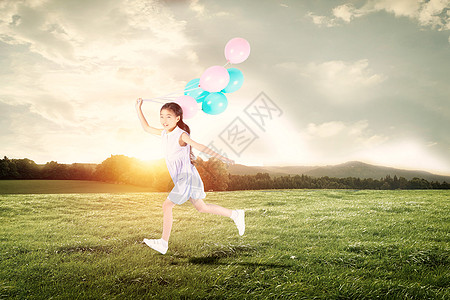 雨中奔跑的孩子放飞气球的孩子设计图片