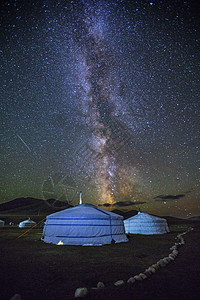 璀璨星空银河下的草原蒙古包背景图片