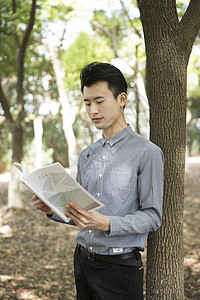 男士在树林里阅读背景图片