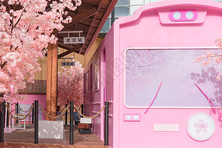 樱花列车樱花街景高清图片