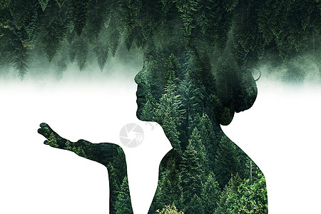 新鲜空气双重曝光森林女神设计图片