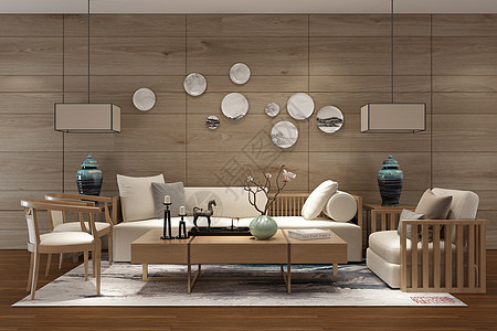 新中式客厅空间场景设计高清图片