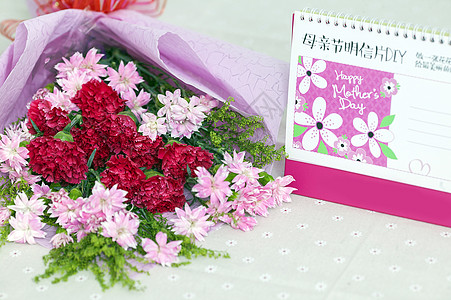 粉色康乃馨花束母亲节明信片和康乃馨背景
