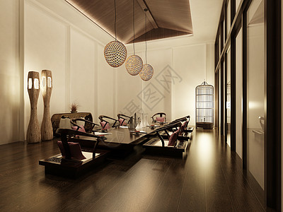 实木置物架实木日式茶室会议室餐厅效果图背景