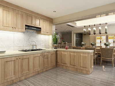 厨房3D效果图实木板材厨房设计图片