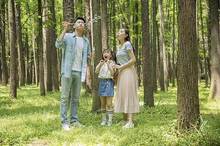 六一儿童节一家人在森林公园吹泡泡背景图片