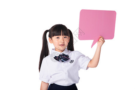 手拿粉色气泡对话框的小女孩图片