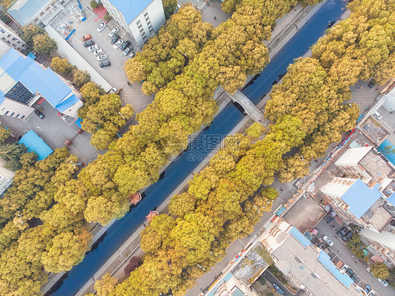 俯瞰城市老式小区的景观池图片