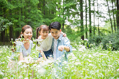 孩子和家长一家人花丛中欣赏背景