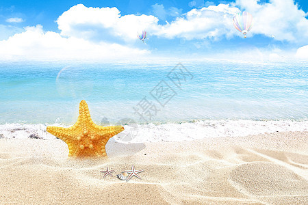 夏日沙滩蓝天白云清新空气图片