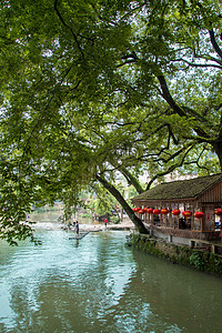 古镇风光海报小河边宁静的水乡老街背景