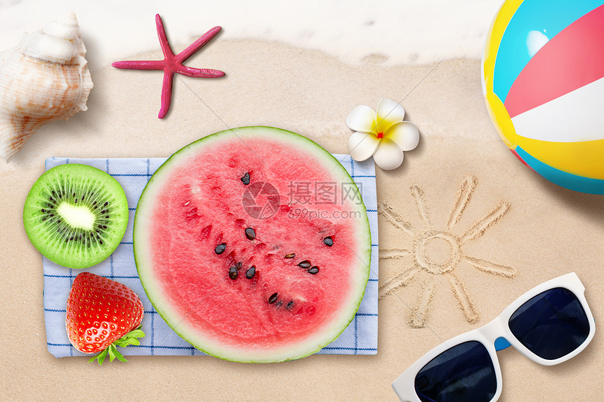 夏季水果沙滩图片