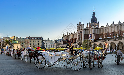 波兰名城克拉科夫老城广场上的游览马车背景图片