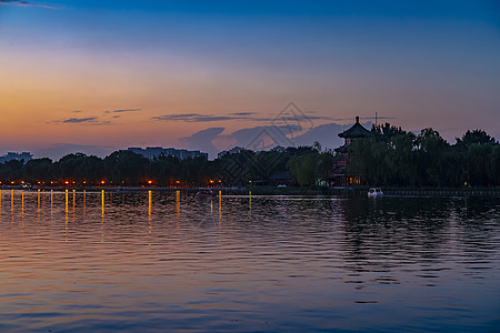 北京蓝天日落后的什刹海-望海楼背景