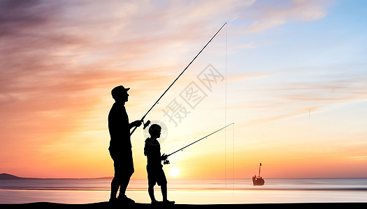 海边夕阳风景父子钓鱼设计图片