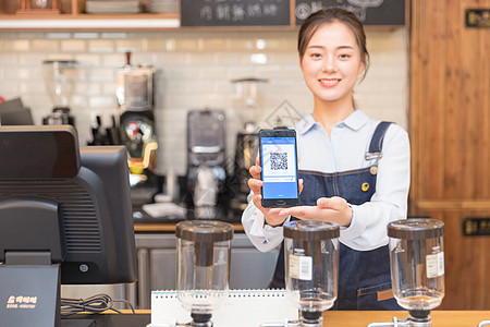 年轻消费咖啡馆服务员手机支付背景