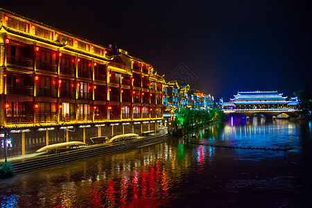 湘西土家族风景湖南湘西土家族苗族自治州凤凰古城夜景背景