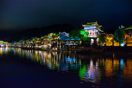 湖南湘西土家族苗族自治州凤凰古城夜景背景