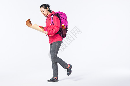 登山人物远足女性看地图背景