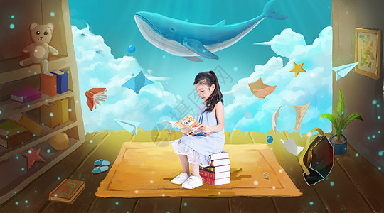 鲸鱼与女孩儿童阅读设计图片