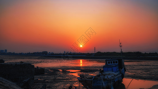 海边日落上海小渔村背景