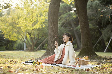 户外文艺少女野餐背景图片